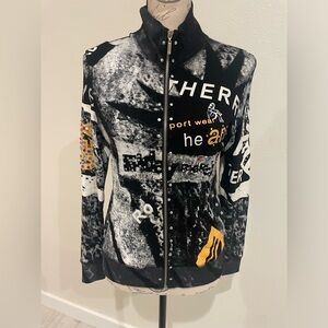 Black and White Bomber Jacket with High Collar and Graphic Design